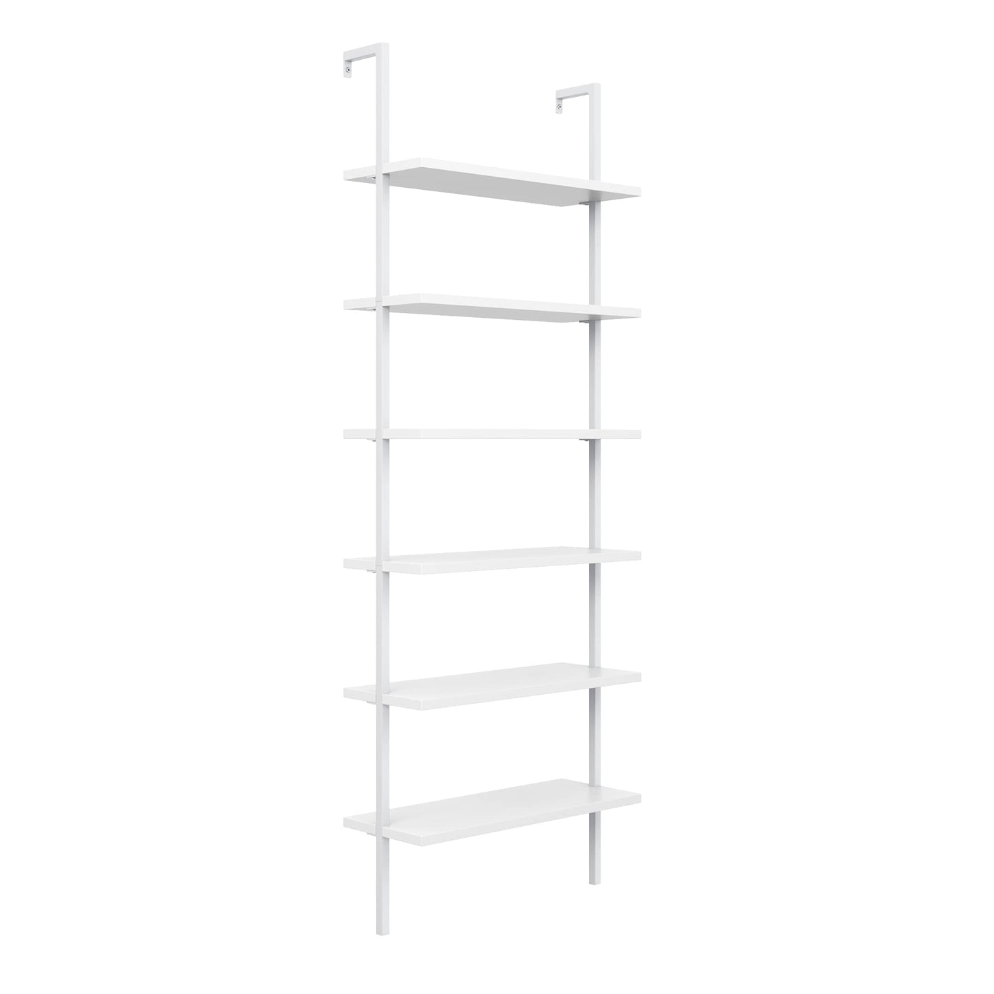 Nathan James Theo 6-Shelf Tall Modern Bookshelf, Wall Mount Ladder Shelf Bookcase with Wood and Industrial Metal Frame, Matte White