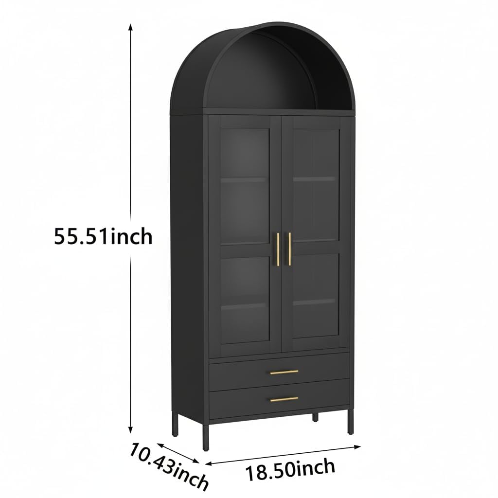 IDEAHOUSE 55" Tall Kitchen Pantry Cabinet, Arched Display with Glass Doors, 2 Drawers & Adjustable Shelves for Living, Dining Room, Black