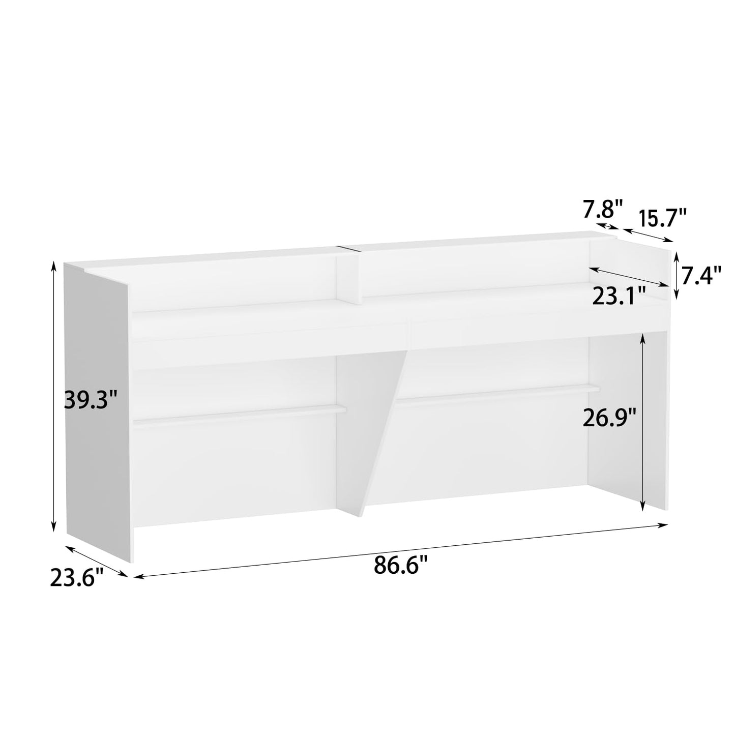 FAMAPY Reception Desk with Shelves, Modern Front Counter Table Checkout Retail Counter for Reception Room Lobby Shop, White and Black, 23.6”D x 86.6”W x 39.3”H