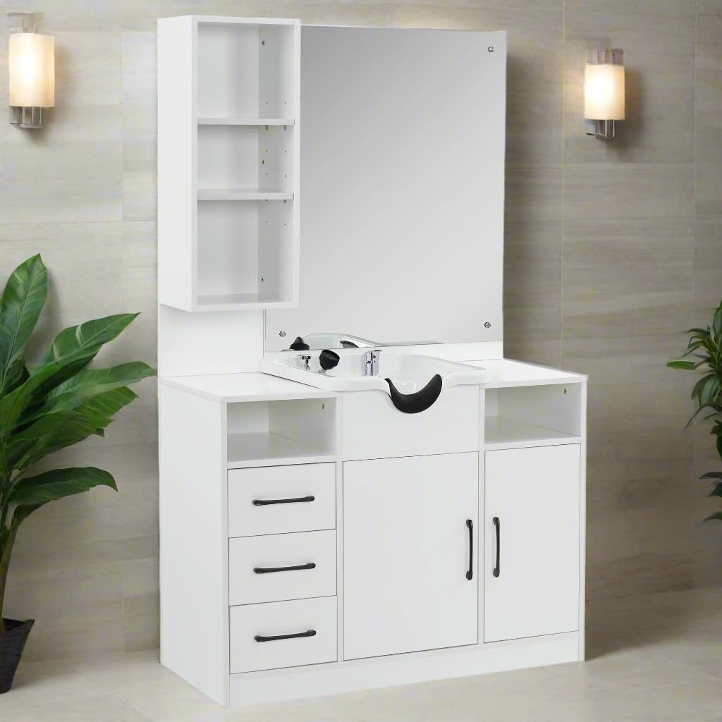 BarberPub Wall Mount Cabinet Barber Station with Mirror and Shampoo backwash Bowl Barbershop Salon Equipment 3140 (White)