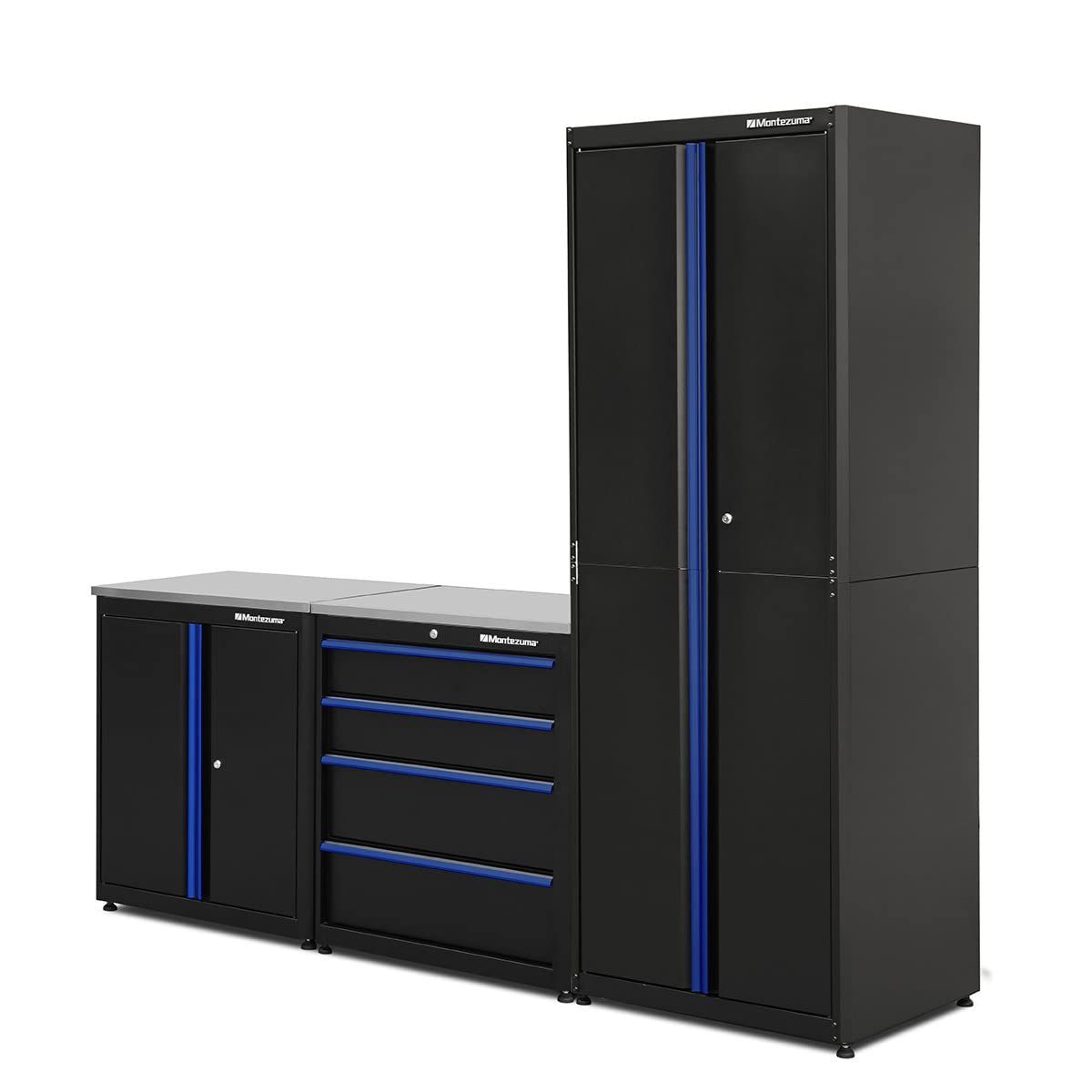 Montezuma Garage Tool Storage System - 3Piece Combo Workbench with Locking Cabinet & Stainless Steel Worktop - SC-EFH