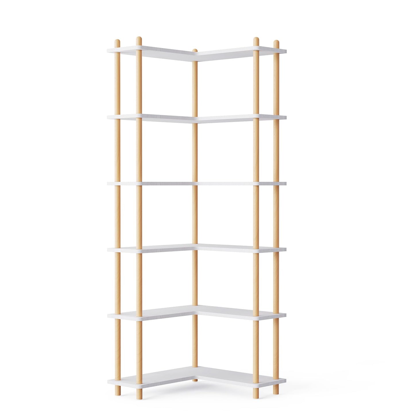 5-Tier White Corner Bookshelf with Solid Beech Wood Poles, 70.8" Tall Easy-Assembly Corner Shelf Unit, Free-Standing Bookcase for Living Room Bedroom Home Office, Space-Saving Corner Storage Solution