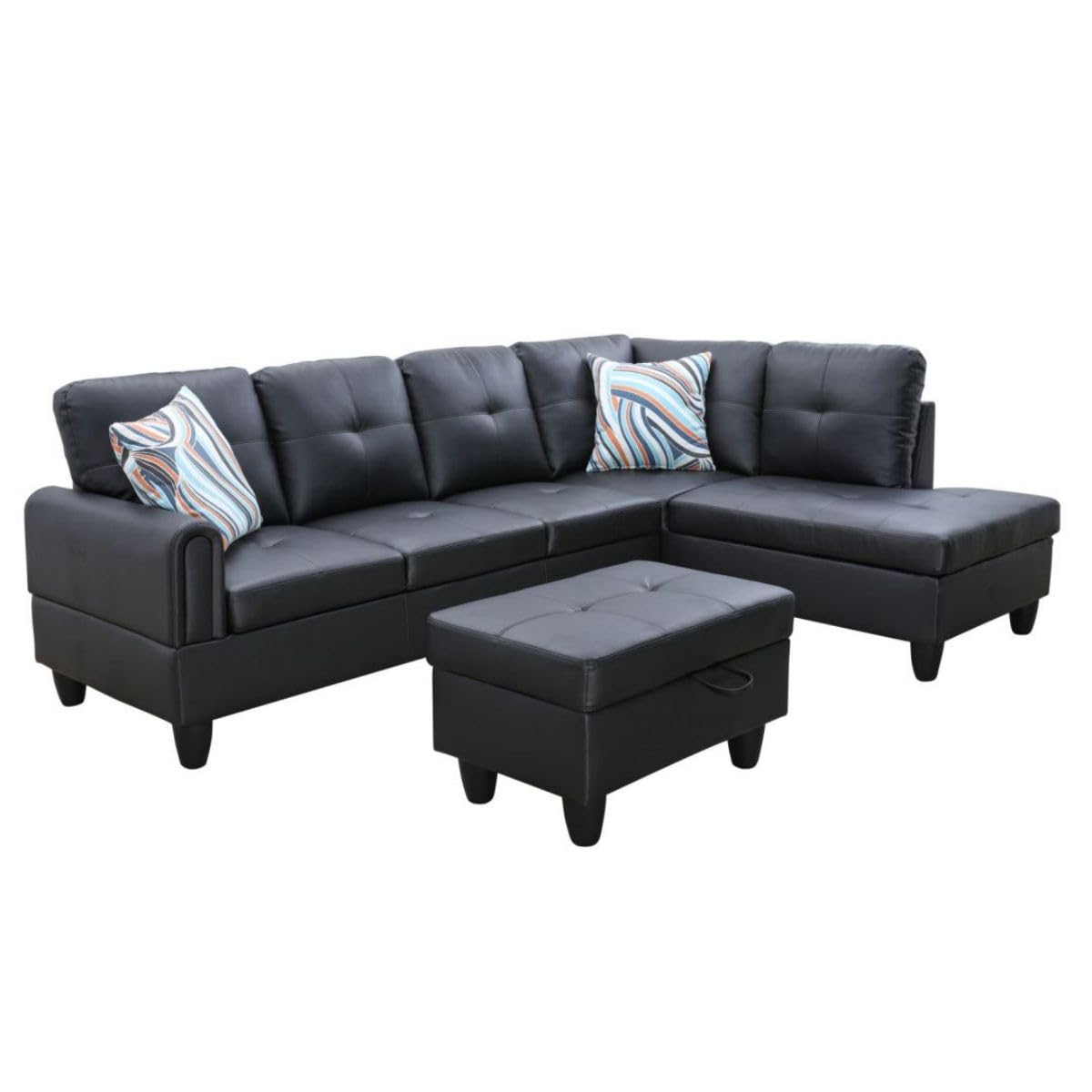 UOCFYK Black White L-Shaped 3-Piece Faux Leather Sofa with Storage Ottoman Set, Sectional Couch Sofa Set for Living Room, Office, Small Space