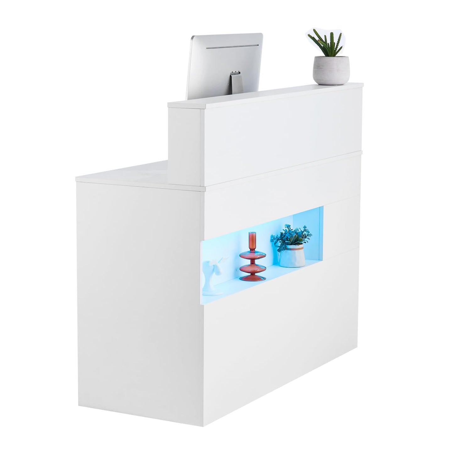 VEVOR Reception Desk, 47 Inch Rectangular Front Counter Table, Office Reception Desk with LED Light, 2 Drawers and Power Outlets, for Checkout, Lobby, Beauty Salon and Office, White