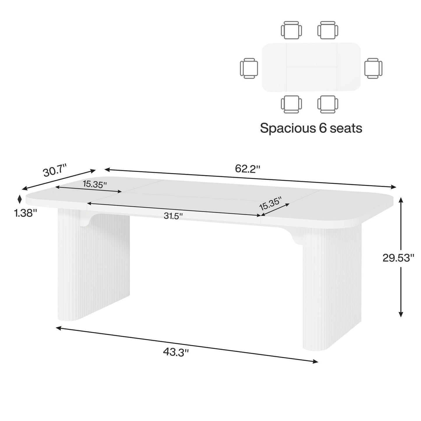 Tribesigns Modern Dining Table for 6 People, 62-Inch Wood Kitchen Table with Double Robust Pedestal, Large Rectangle Wooden Dinner Table for Dining Room (White)