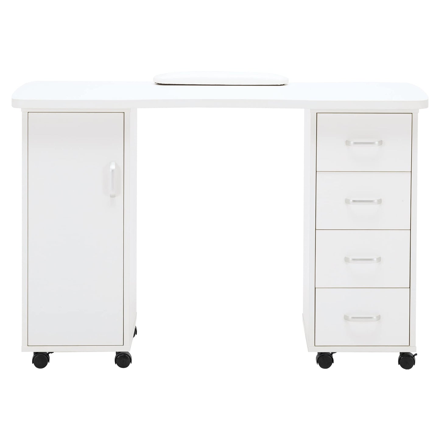 BarberPub Manicure Table - Acetone Resistant Nail Desk with 4 Drawers, 2 Cabinets, Lockable Wheels, Wrist Pad for Nail Tech, Beauty Salon - White
