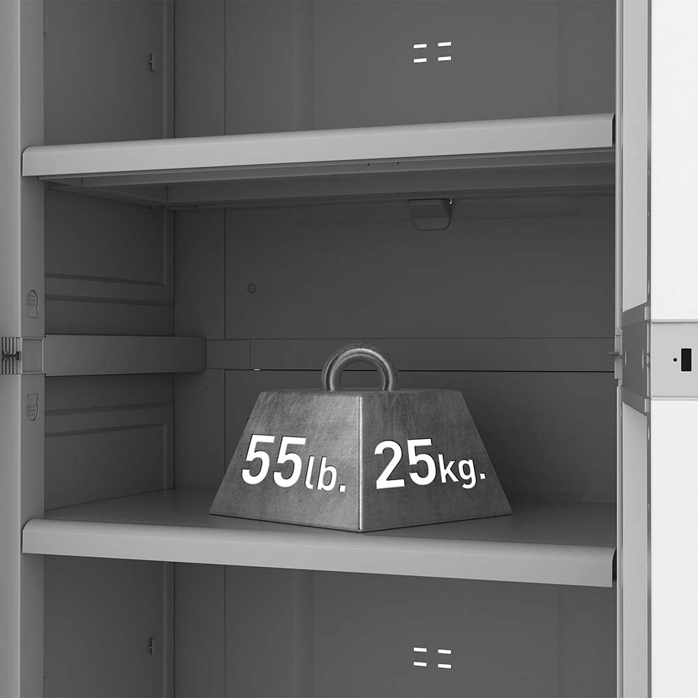 Keter Storage Cabinet with Doors and Shelves for Laundry Room, Garage, Bathroom Accessories, Closet and Home Organization, White & Grey