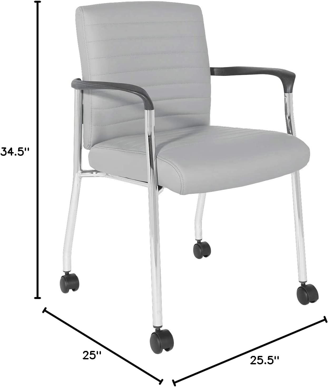 Office Star FL Series Faux Leather Padded Guest Chair with Built-in Lumbar Support and Casters, Charcoal Grey with Chrome Frame