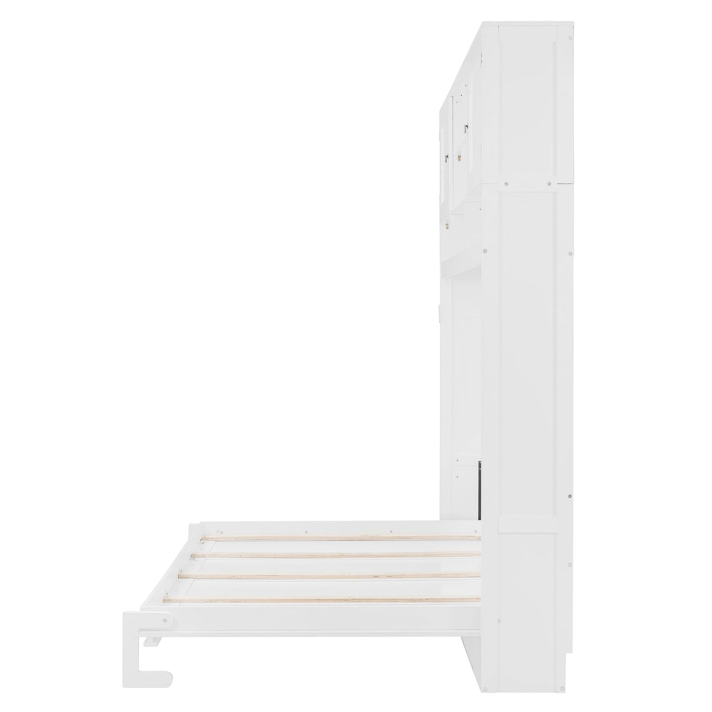 Merax Queen Size Murphy Bed Wall Bed with Top Storage Cabinets and Shelves, Fold into The Wall, Space-Saving Design, White Foldable Platform Bed Frame with Chevron Stripes, for Bedroom, Guest Room