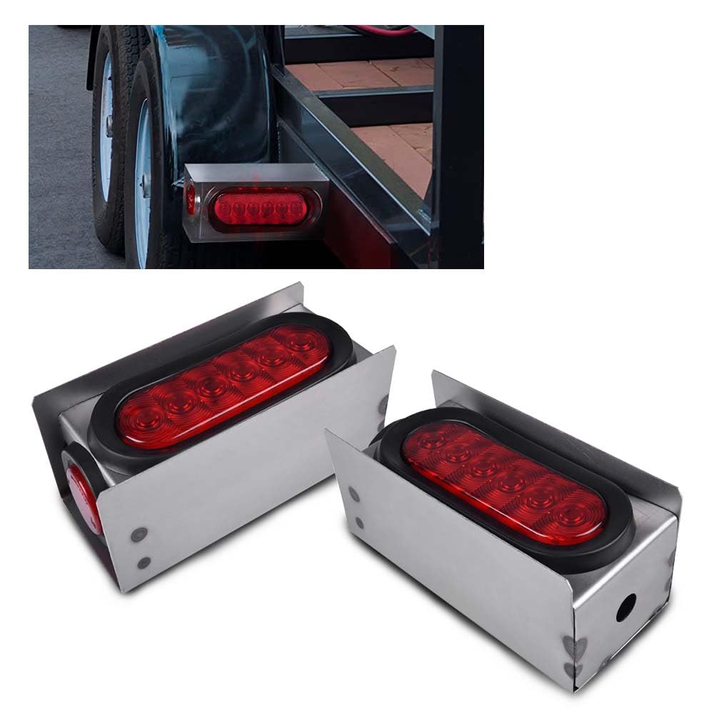 PIT66 Trailer Tail Light Kit - 2 Pack, 6 Inch Oval Red LED & 2 Inch Round Side Marker Lights, Stop and Turn Modes, Red
