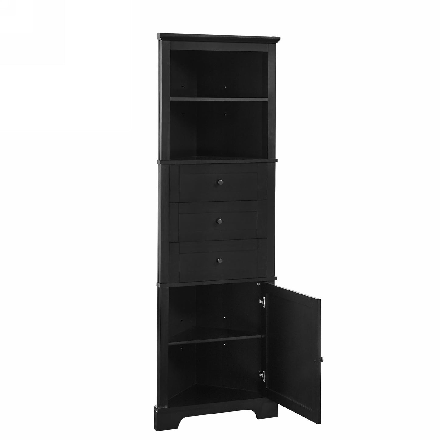 Storage Corner Cabinet with 3 Drawers and Door, Tall Line Pantry Home Space Saver for Bathroom, Living Room, Kitchen, Adjustable Shelf, Black