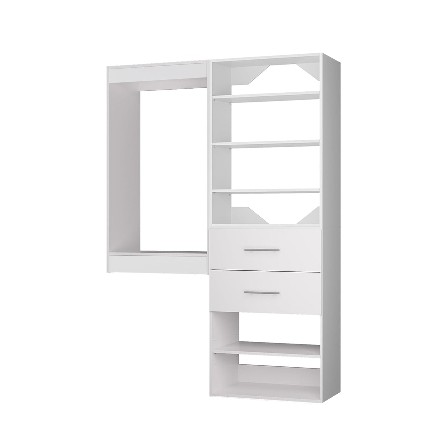 ROOMTEC Modular Closet System, 64" Wall Mounted Closet Organizer with Hanging Rods and Drawers, Wooden Tower for Walk-In Closets, Wardrobe Storage Kit, White