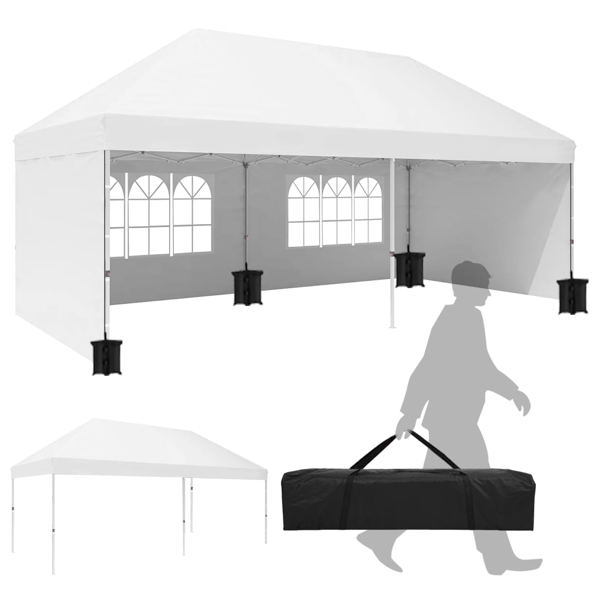 Eachbid 10' x 20' Pop Up Canopy Gazebo Commercial Tent with 4 Removable Sidewalls, Large Party Tent, Event Shelter Gazebo Canopy with 4 Sandbags, Stakes X12, for Patio Party Weddings Picnic (White)