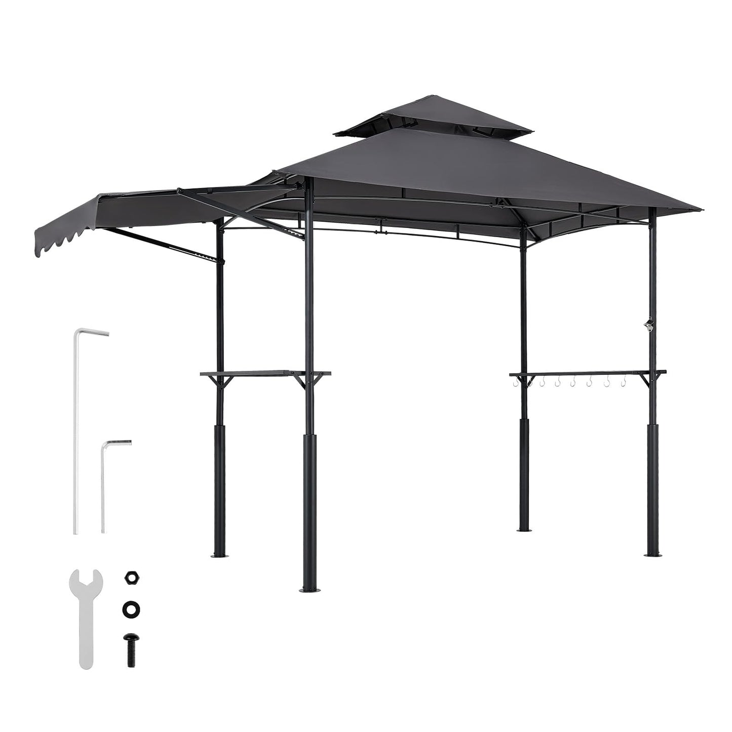 VEVOR Grill Gazebo, 8x5 ft BBQ Gazebo with Extra Awning, Double-Tiered Outdoor Grill Shelter, Thickened Support Legs, Powder-Coated Steel Grilling Canopy with Side Shelves, Bottle Opener & Hooks