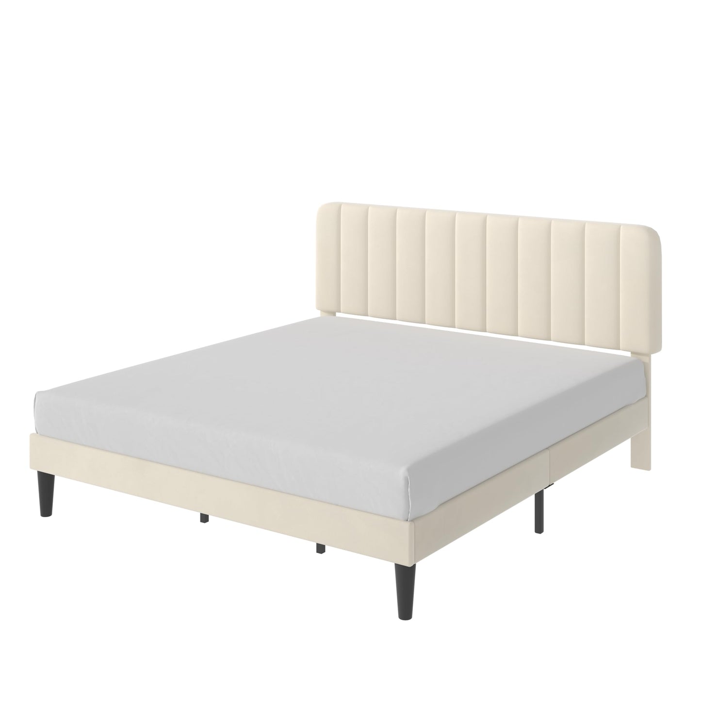 VECELO King Size Bed Frame with Upholstered Headboard, Velvet Platform Bedframe Mattress Foundation, Strong Wood Slat Support, No Box Spring Needed,Velvet Beige