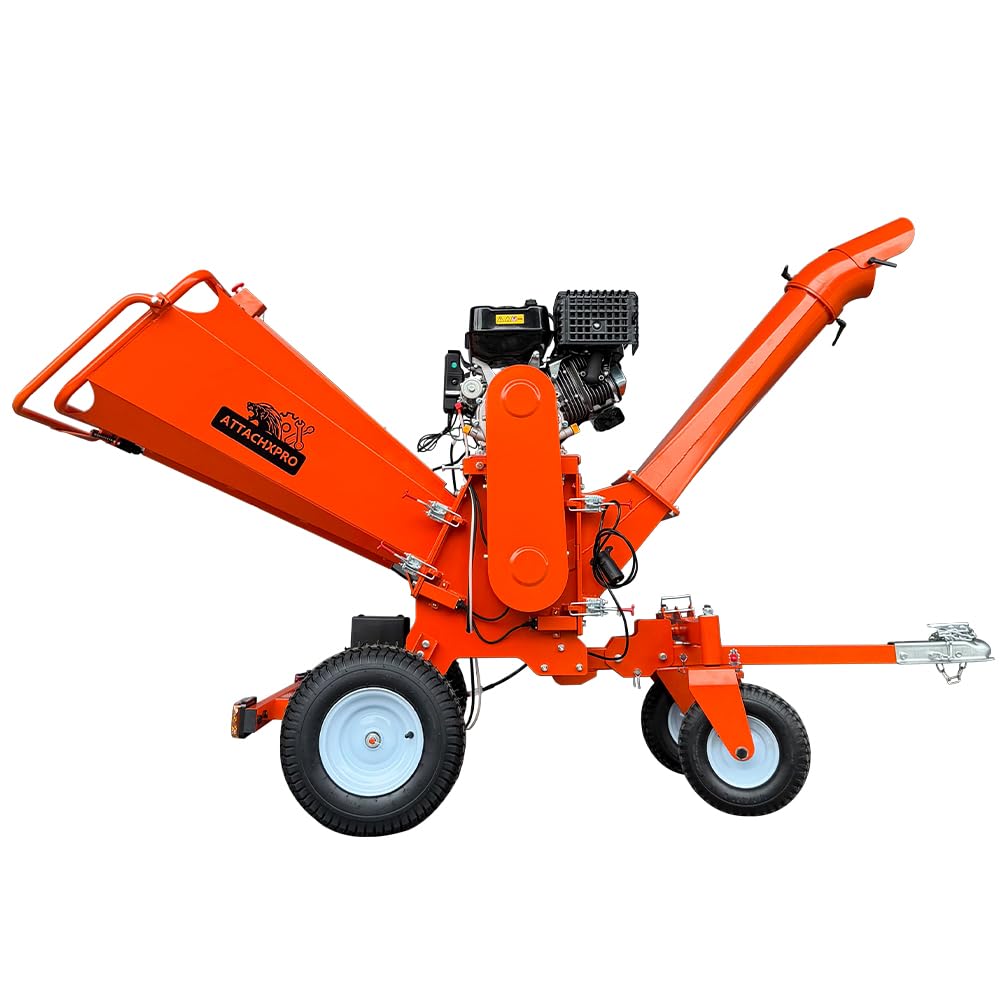 18HP 6 Inch 420cc Gas Powered Wood Chipper Shredder Mulcher, 4-Wheels Towable Wood Chipper Leaf & Branch Shredder with Towbar, Emergency Stop Button, Max Chipping Capacity for Wood Pellets (orange)