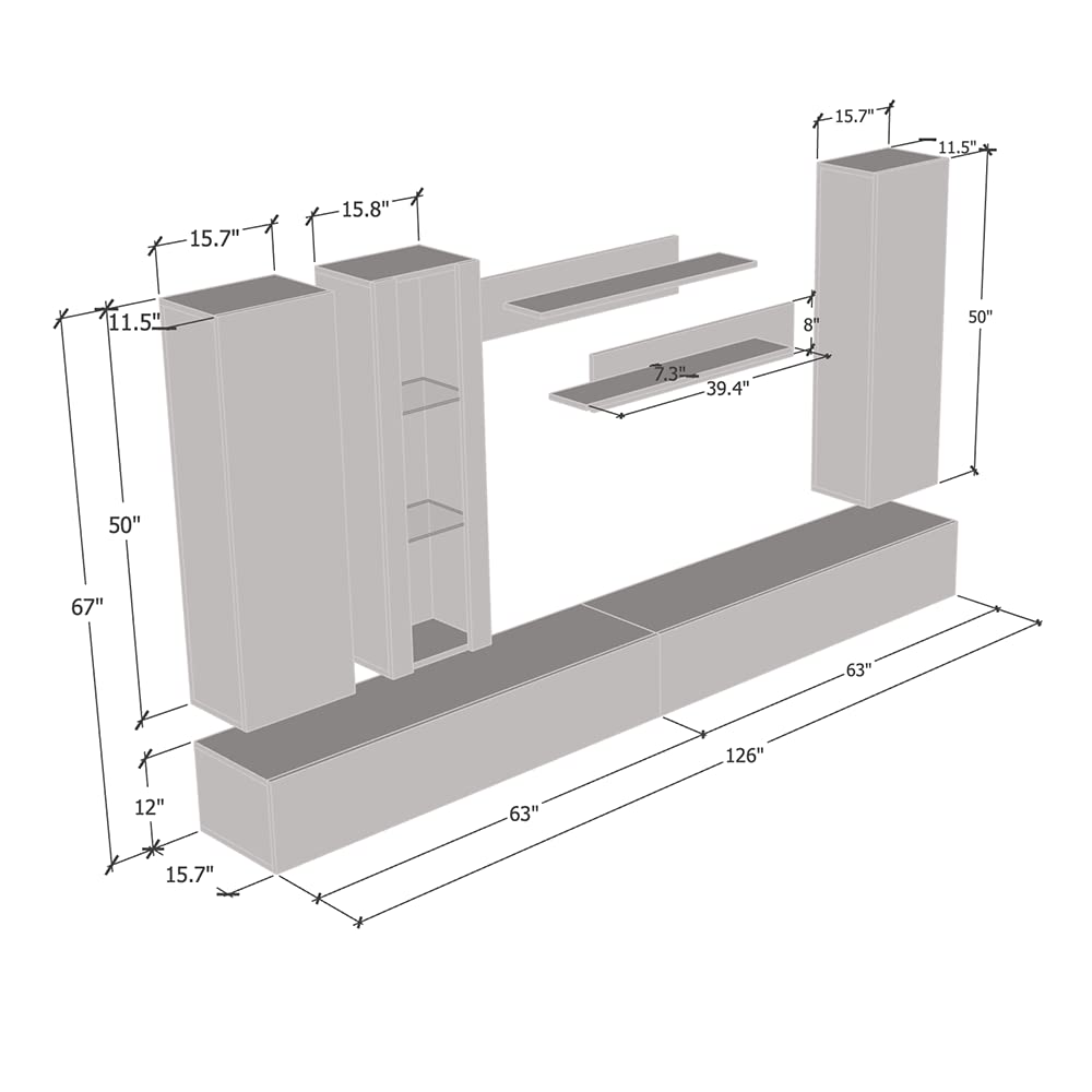 Meble Furniture Fly E1 30TV Stand Wall-Mounted Entertainment Center — Floating Design with Storage Shelves and LED Lighting — Modern High Gloss, 59.1 x 14.2 x 15.7 inches — White