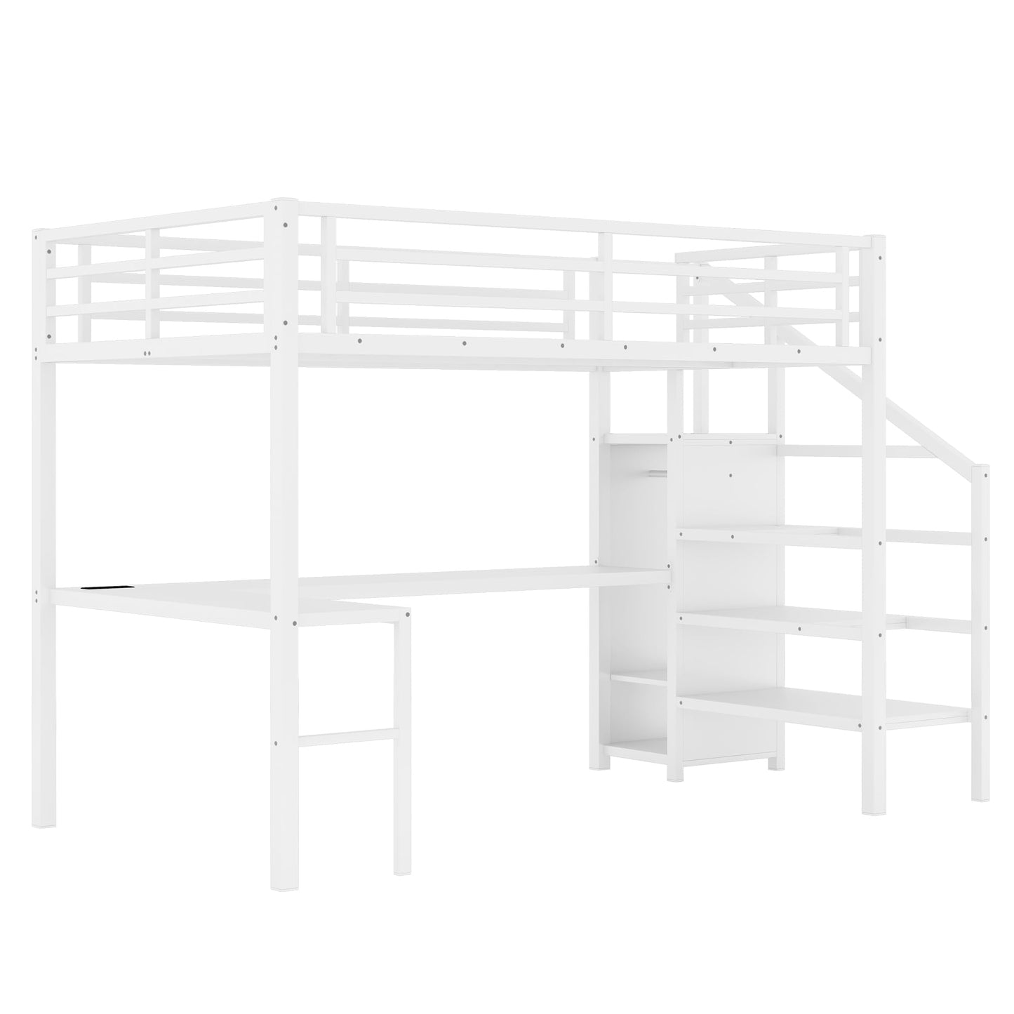 Bellemave Full Size Metal Loft Bed with L Shaped Desk and Wardrobe, Heavy Duty Loft Bed Frame with Storage Stairs, LED Loft Bed Frame with Charging Station & Safety Guardrails, White