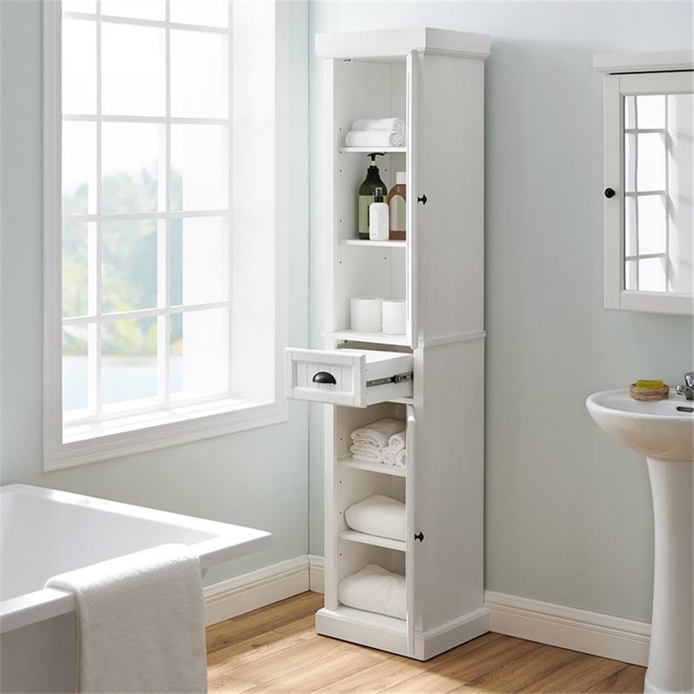Crosley Furniture Seaside Tall Linen Storage Cabinet and Bathroom Organizer with a Drawer and Shelves, Distressed White