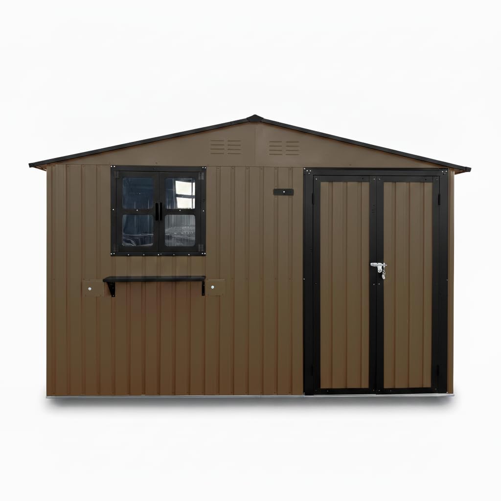 10x8 FT Storage Shed,Outdoor Metal Building Backyard Shed with 2 Clear Openable Windows,Windowsill & Garden Bed Flower Rack,Lockable Double Doors Tool Shed, Heavy Duty Waterproof,for Yard,Brown