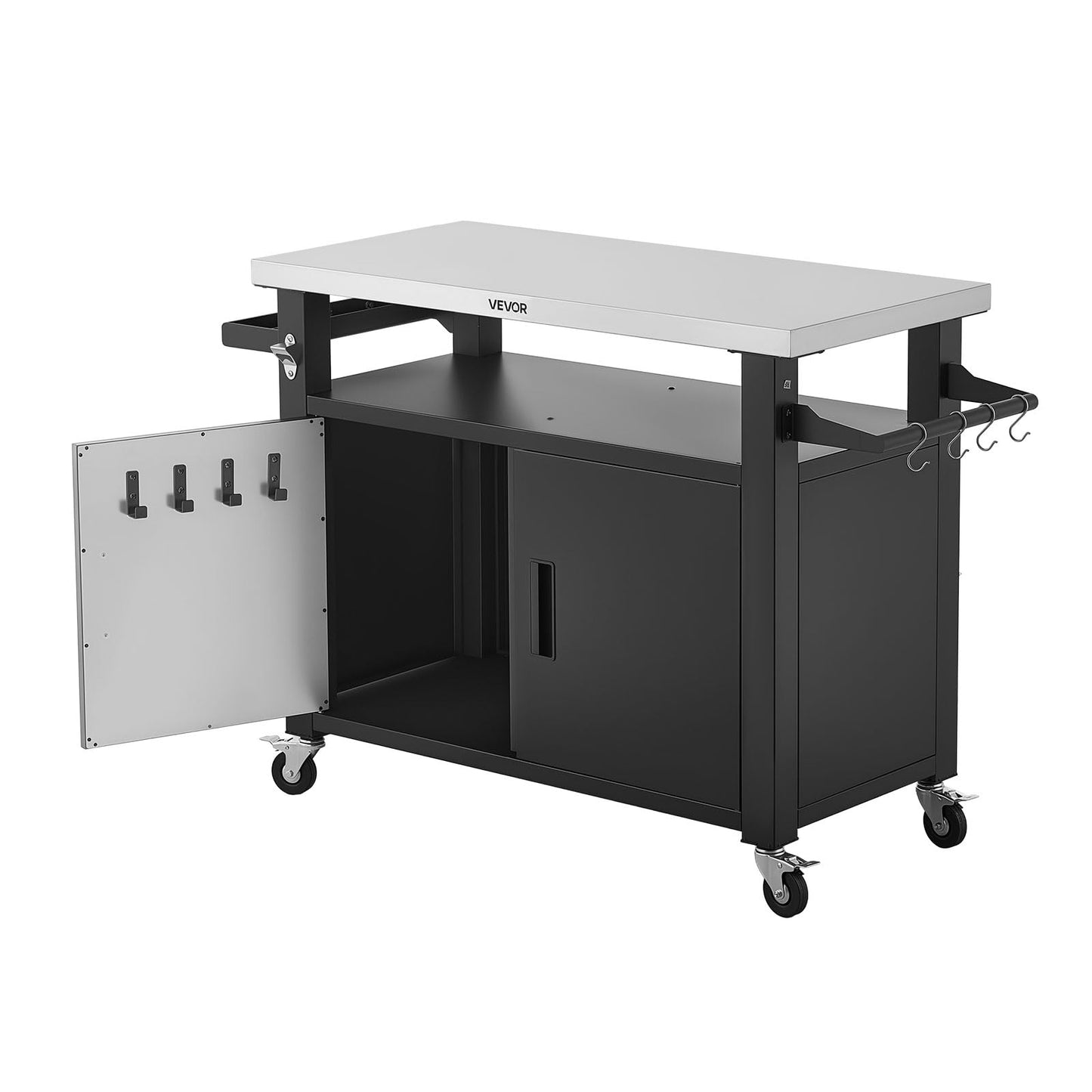 VEVOR Outdoor Grill Cart with Storage Cabinet, 53.1 Inch Grill Table, Waterproof Kitchen Island with Stainless Steel Top, Shelf, and Wheels, Movable Food Prep Station for Patio Bar Backyard BBQ