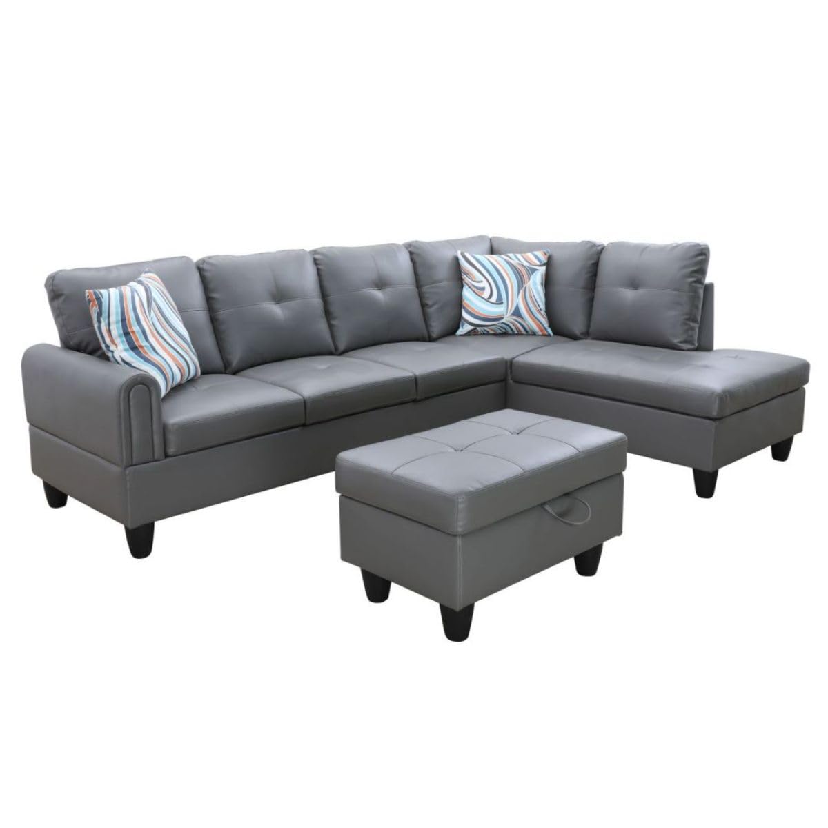 UOCFYK Dark Grey L-Shaped 3-Piece Faux Leather Sofa with Storage Ottoman Set, Sectional Couch Sofa Set for Living Room, Office, Small Space