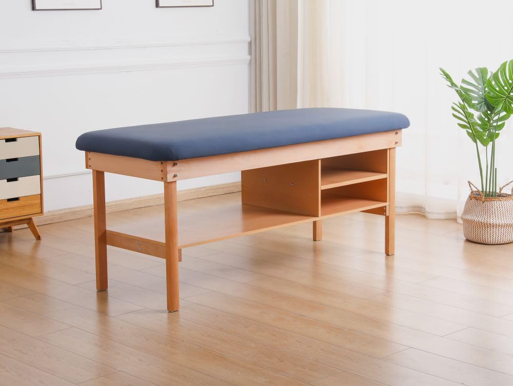 Carenovo Medical Examination Table with Wooden Base, Navy Blue Padded Surface, (Black)