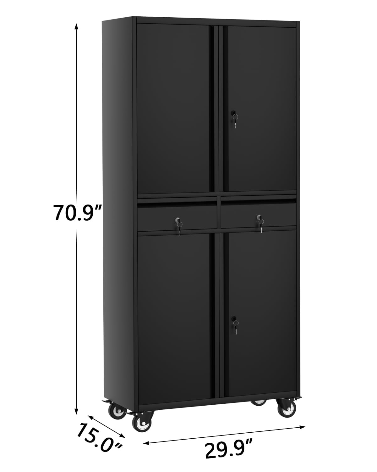 GarveeHome 72" Metal Storage Cabinet with Wheels, Locking Doors & 2 Drawers,Heavy Duty Rolling Garage Organizer with 2 Adjustable Shelves (with Wheels, with 2 Draws)