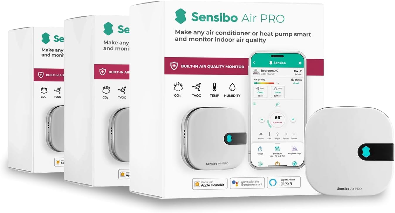 Sensibo Air PRO 3 Pack - Air Conditioner Smart Controller & Air Quality Sensor. Smart Thermostat for Mini Split, Window, Portable AC