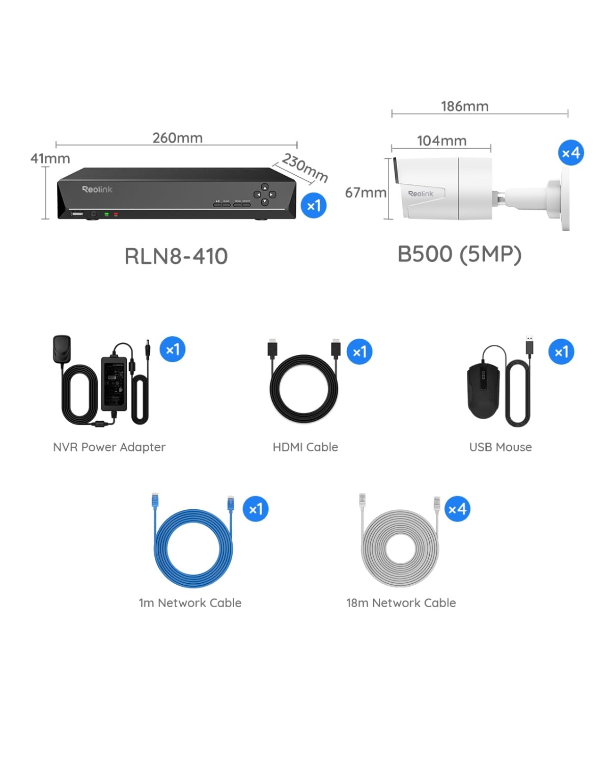 REOLINK 8CH 5MP Security Camera System, 4pcs Wired PoE Cameras for Home Security Outdoors, Smart Person/Pet/Vehicle Detection, 4K 8CH NVR with 2TB HDD for 24-7 Recording, RLK8-410B4-5MP White