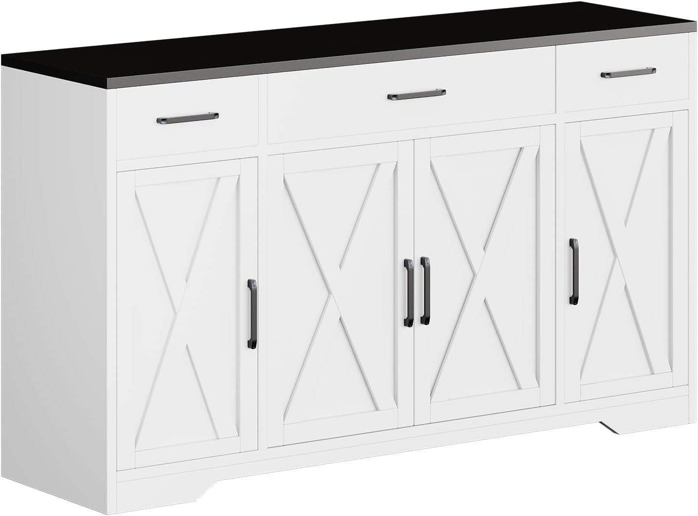 GarveeLife 55" Buffet Sideboard with 3 Drawers, Modern Farmhouse Kitchen Storage Cabinet, Large Wood Coffee Bar Cabinet with Storage for Living Room Hallway- White & Black