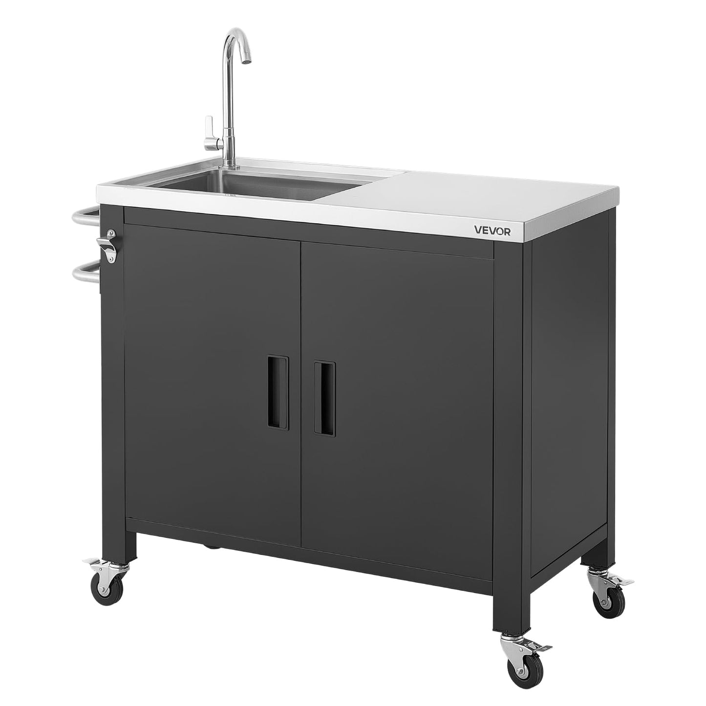 VEVOR Outdoor Grill Cart with Sink and Storage Cabinet, 38 Inch Grill Table, Waterproof Kitchen Island with Stainless Steel Top, Spice Rack, Wheel, Movable Food Prep Station for Patio Bar Backyard BBQ