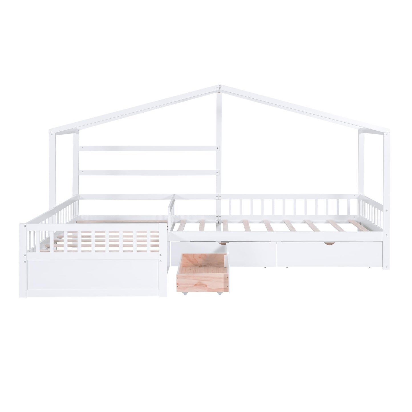 Merax House Bed for 2 Kids Twin Size, Wood L-Shaped Double Platform Bed with 3 Storage Drawers, for Boys Girls Teens, White