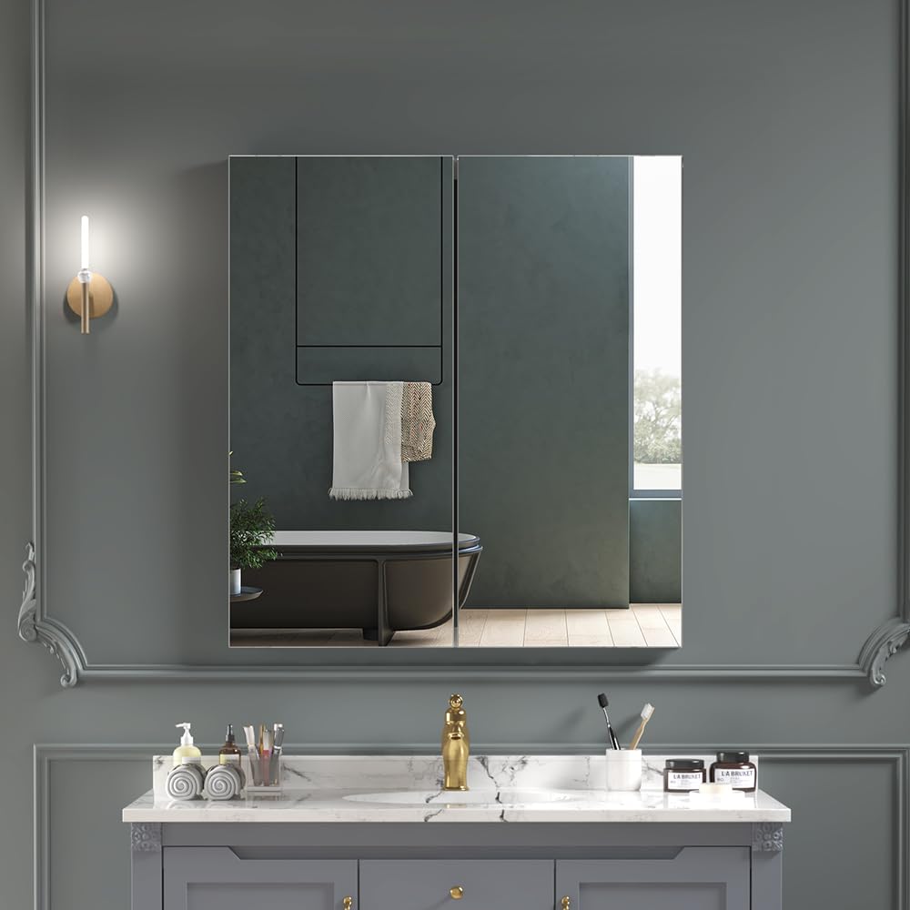 Quavikey 24"x26" 2-Door Medicine Cabinet with Mirror, Recessed or Surface
