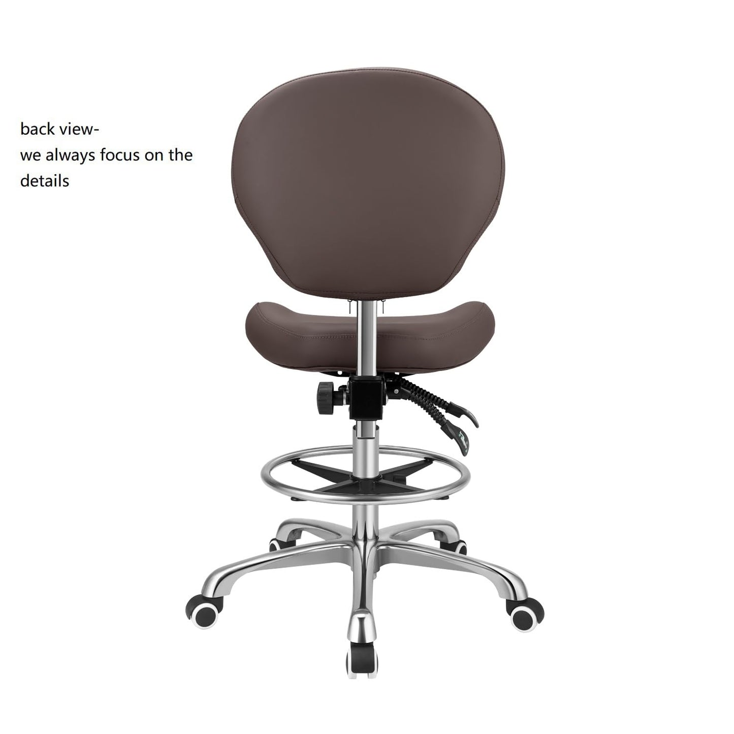 Kaleurrier Adjustable Stools Drafting Chair with Backrest & Foot Rest,Tilt Back,Swivel Seat,Rolling Wheels,for Studio,Dental,Office,Salon and Counter,Armless Tall Home Desk Chairs (Brown)