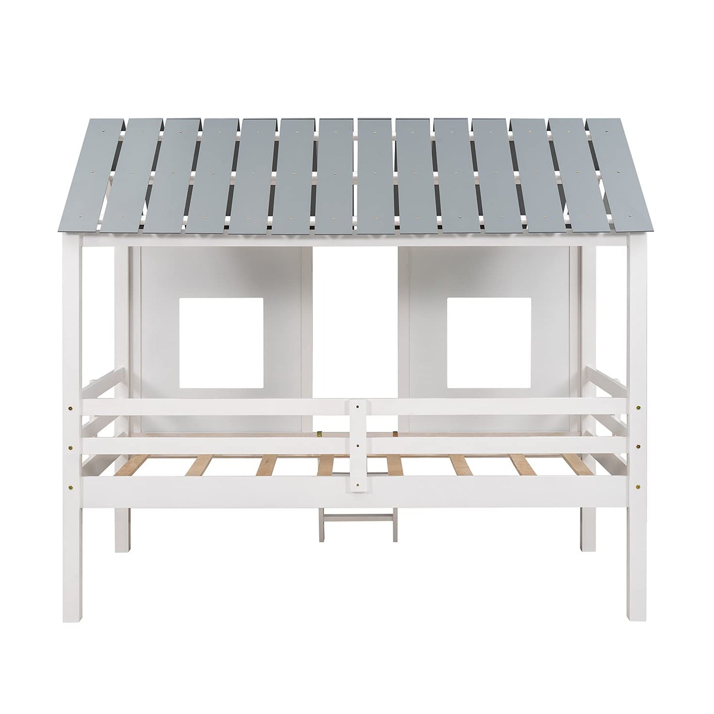 Merax Twin Size Wooden House Bed, Low Loft Bed Frames with Two Front Windows and Roof for Girls and Boys, White(Grey Roof)