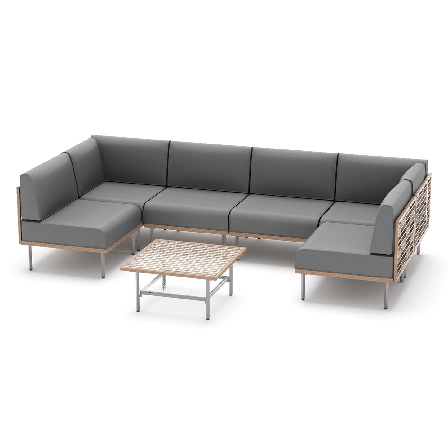 EO Living 7-Piece Modular Outdoor Patio Furniture Set, PE Rattan Sectional Conversation Sofa with Tempered Glass Table and Machine-Washable Cushions (Grey)