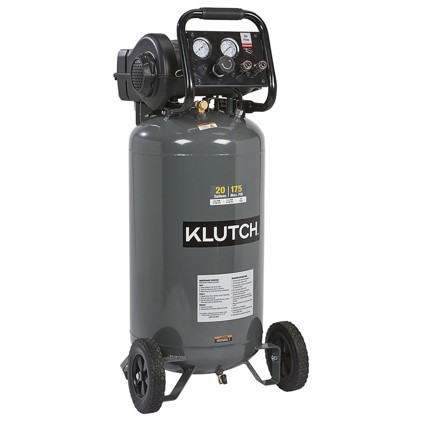 Klutch 20-Gallon Air Compressor, 2 HP, 120 Volts, 175 PSI