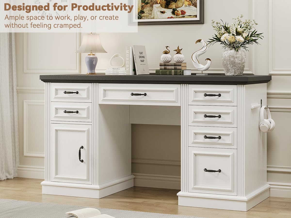 Jocoevol Farmhouse 57" Executive Desk with 7 Drawers, Home Office Desk with File Cabinet Storage, Computer Desk with Charging Station and Headphone Hook for Work, Study, Writing, White