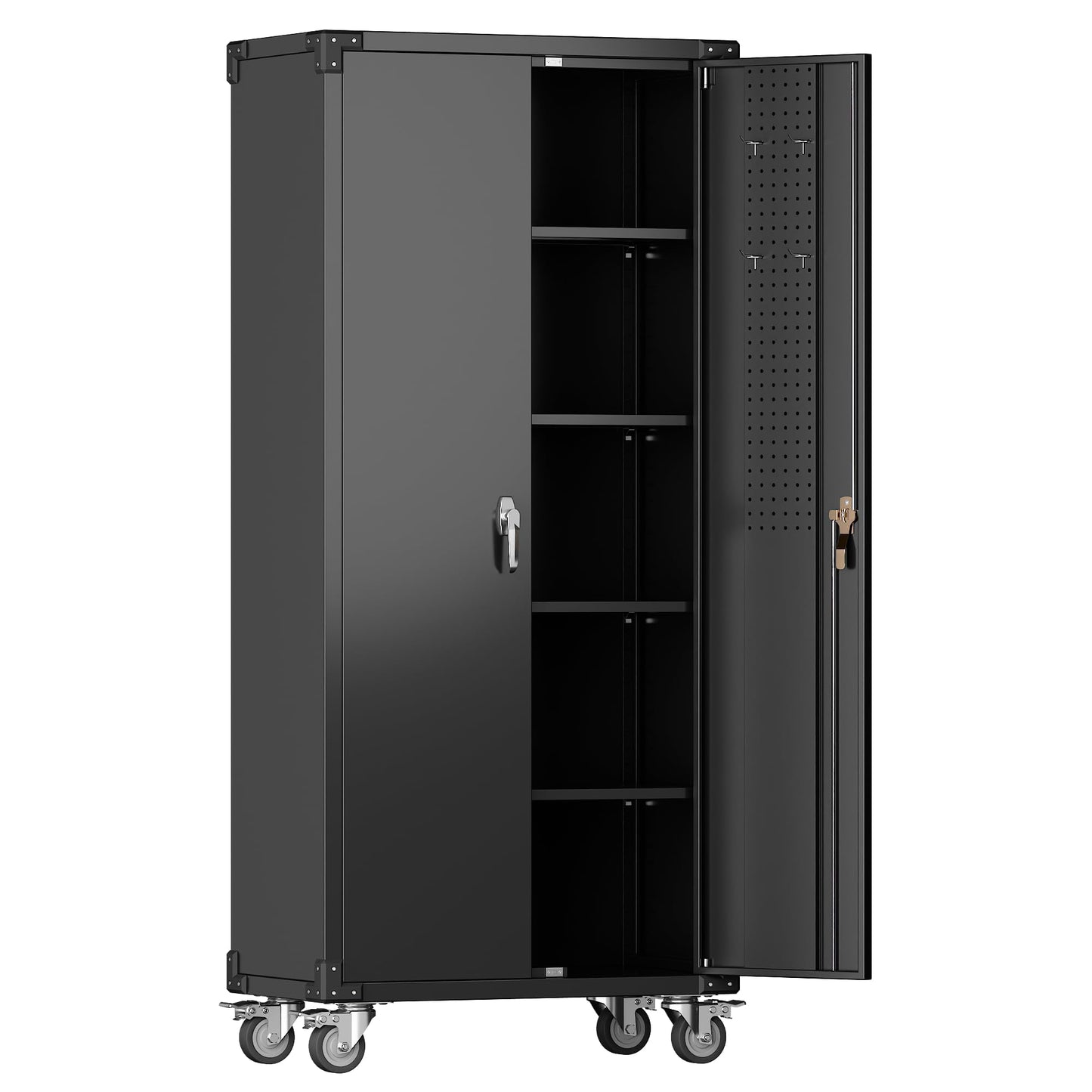72-Inch H Black Metal Garage Storage Cabinet with Wheels & Pegboard, Locking 2-Door Rolling Storage Cabinet with 4 Adjustable Shelves for Garage, Workshop & Home Office