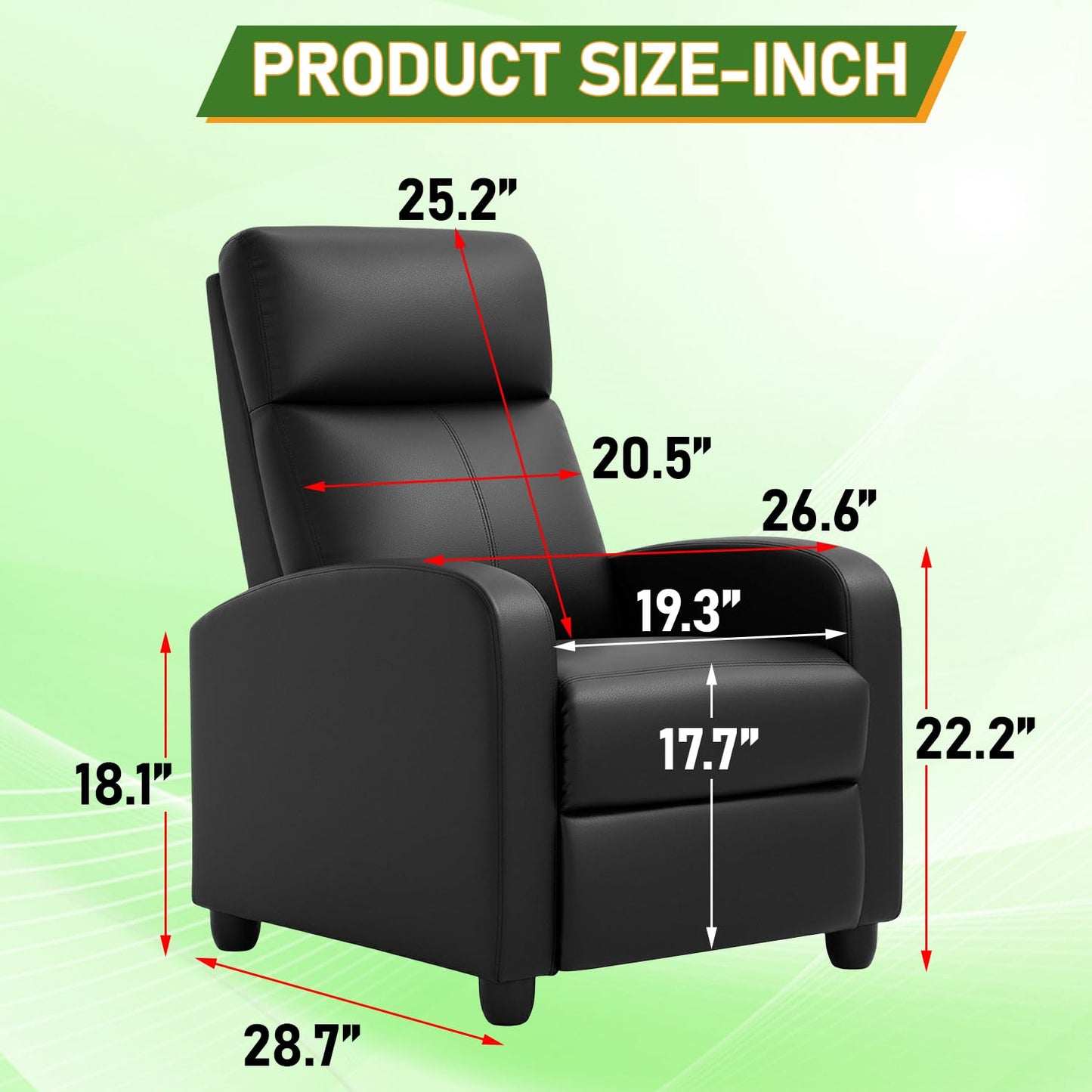PayLessHere Recliner Chair Single Reclining Sofa Home Theater Seating with Lumbar Support and Padded Backrest for Living Room and Bedroom (Leather, Black-Massage)