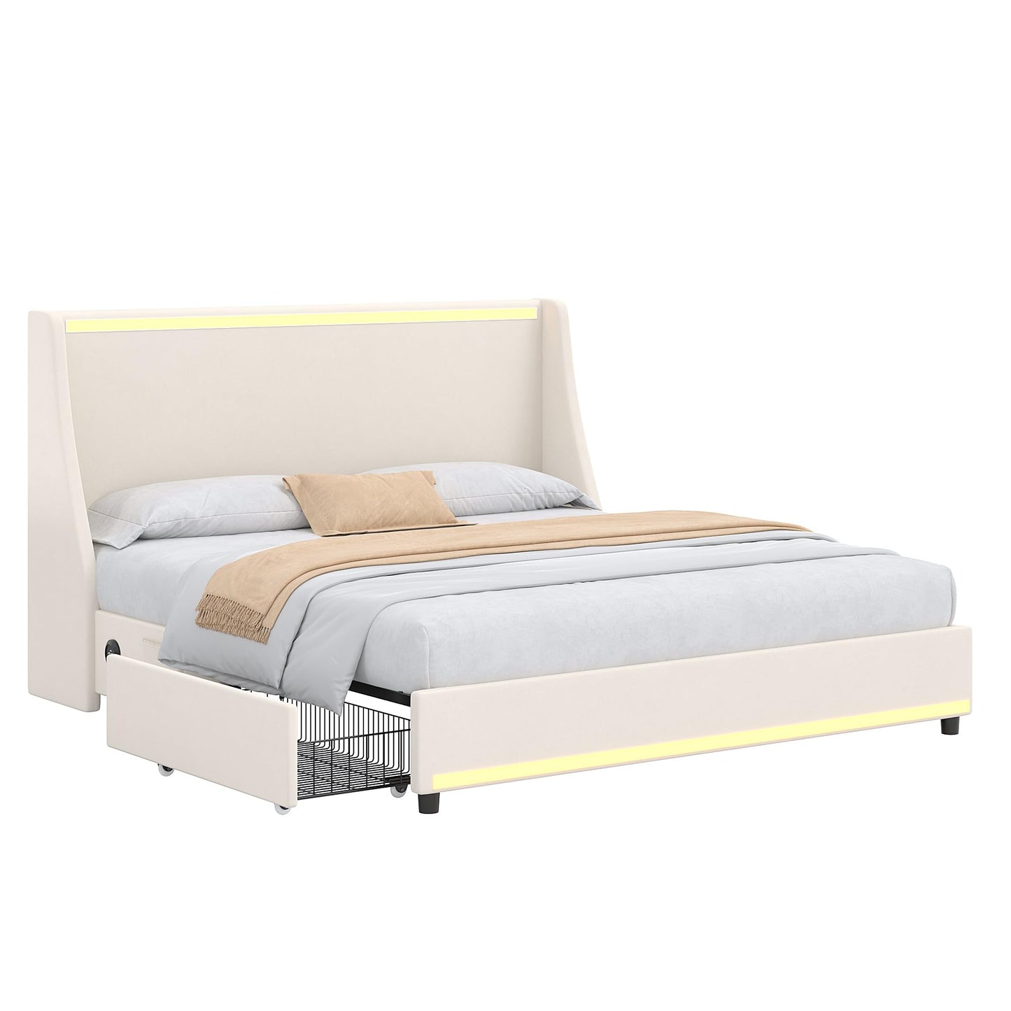 VECELO Full Size Bed Frame with Storage Drawers, Upholstered Platform Bedframe with Wingback Headboard, No Box Spring Needed, Beige