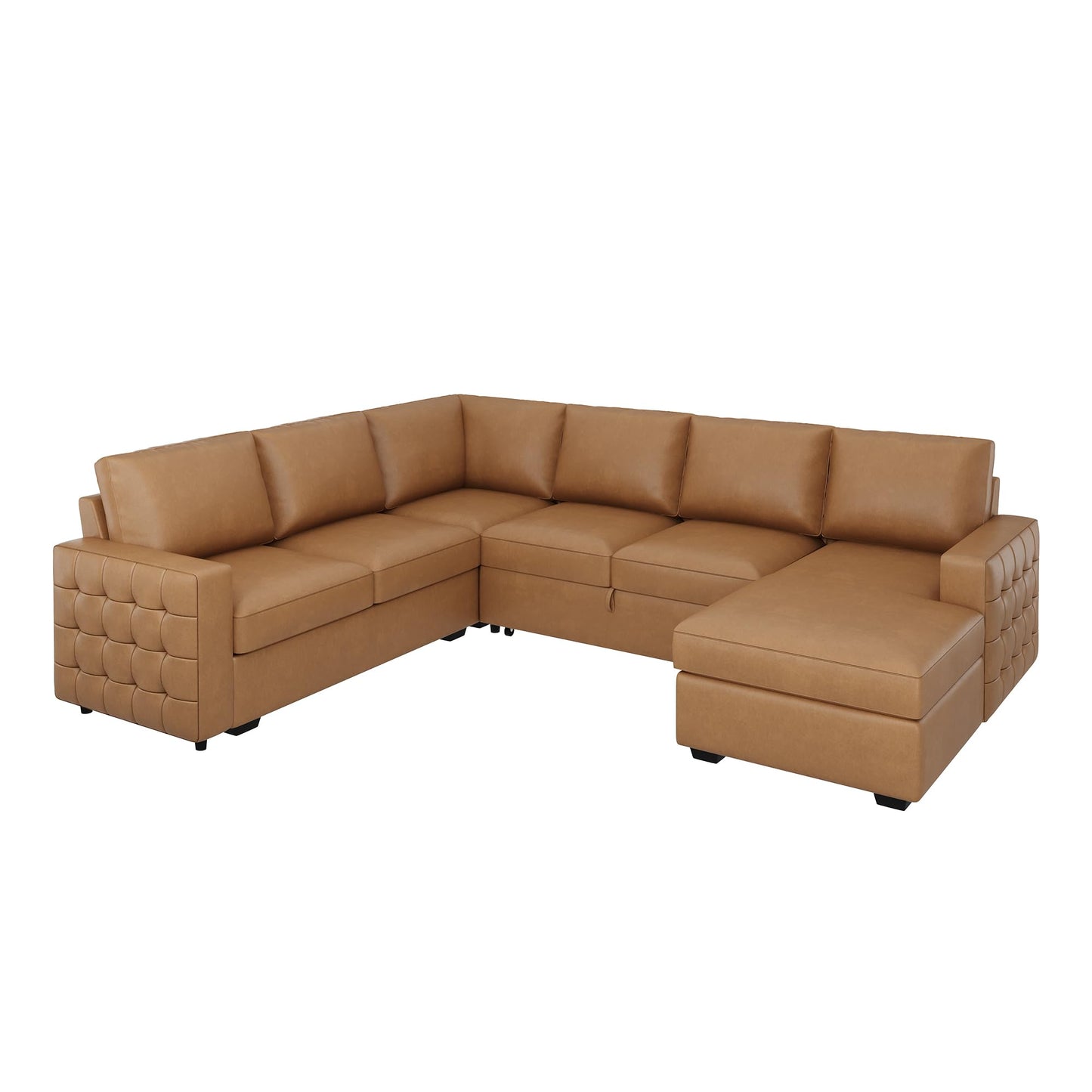 HONBAY Sleeper Sectional Couch with Pull-Out Bed Sectional Sleeper Sofa Pull Out Bed with Storage Chaise, 6 Seaters Couch for Living Room, Faux Leather Brown