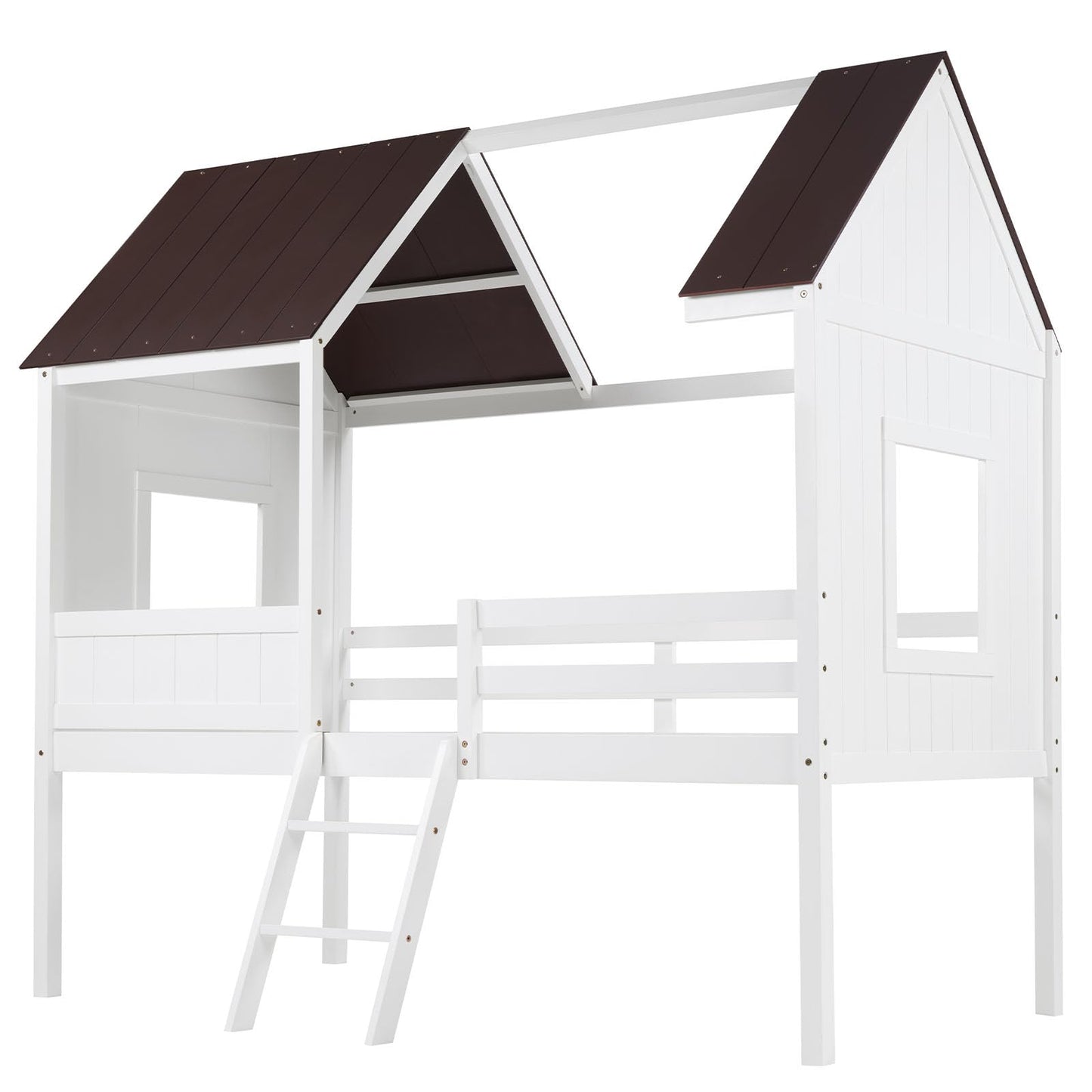 DUMOS Low Loft Beds Twin Size with Windows and Roof, Wooden House Bedframe with 2-Step Ladder and Safety Guardrail, Solid Wood Bed Frame with Under-Bed Storage for Kids Teens, Chocolate