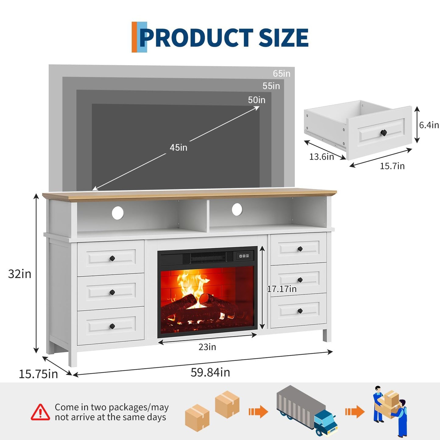 JoanKaren TV Stand with Electric Fireplace, 60" Entertainment Center for 65 Inch TV, LED Light Smart RGB, Modern Farmhouse Console, 6 Drawers Storage,Fit Into 23''Electric Fireplaces(White)