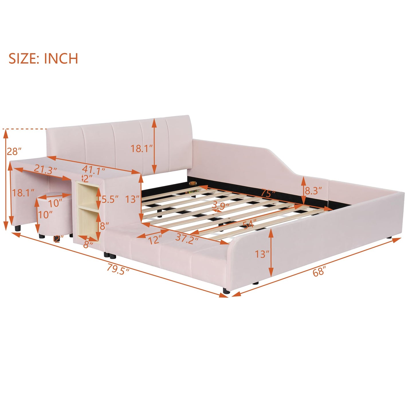 Merax Full Size Velvet Bed Frames Upholstered Grounded Bed, Wooden Mother & Child Bed with Bedside Desk and Little Round Stool,Kids Adults Bedroom Floor Platform Bed,Pink