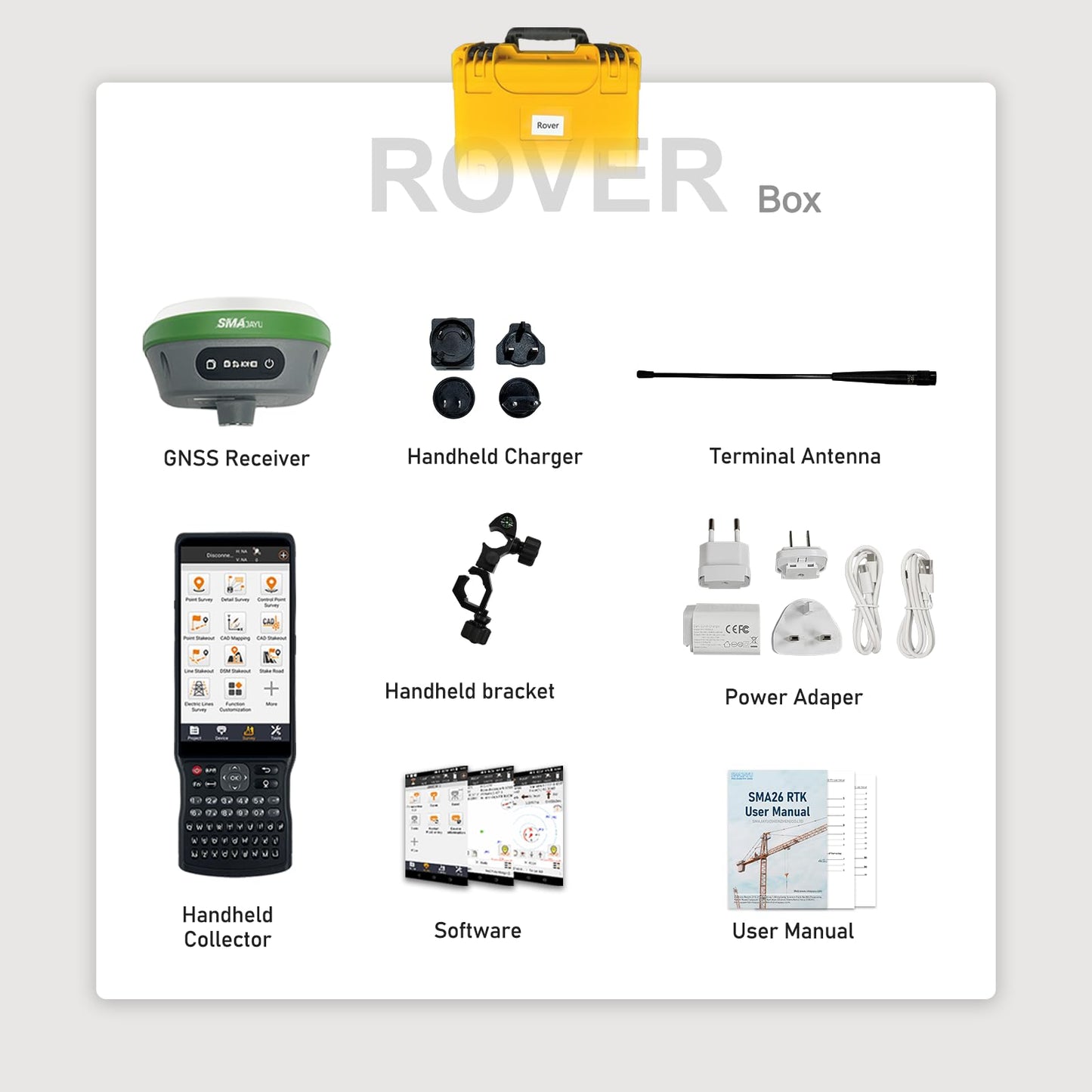 SMA26 Pro Rover GNSS Receiver RTK Surveying System with Controller and Software, Work as Base Station for Drones, 10000mAh, 32GB, 4G/BT/CORS, IP67 Protection, Ideal for Construction & Engineering