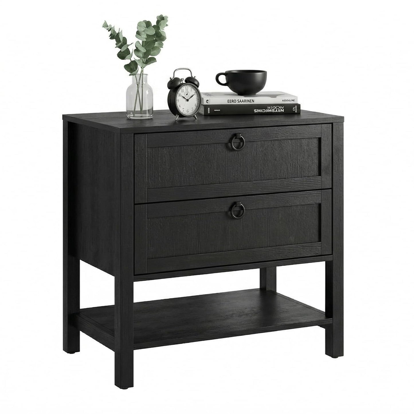 Chyanmoo Nightstand with Charging Station, 2-Drawer Wooden Side Table, Farmhouse Bedside Cabinet with USB Ports & AC Outlets, Solid Wood Grain End Table for Bedroom, Living Room, Office (2 pcs)