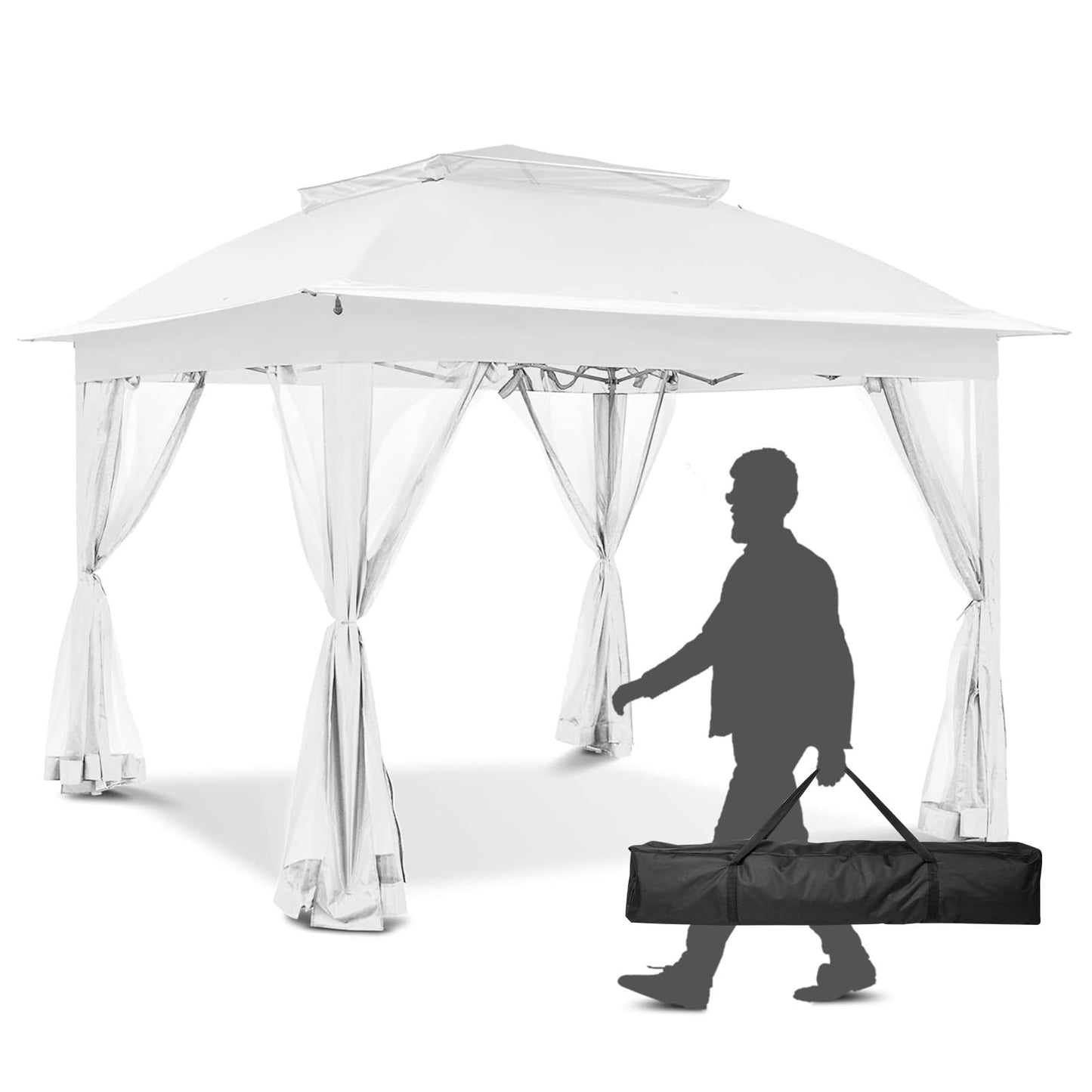 INTER HUT 11x11 Pop Up Gazebo Tent with Mesh Netting, Instant Outdoor Canopy with UPF 50+ UV Protection, Water Resistant, White