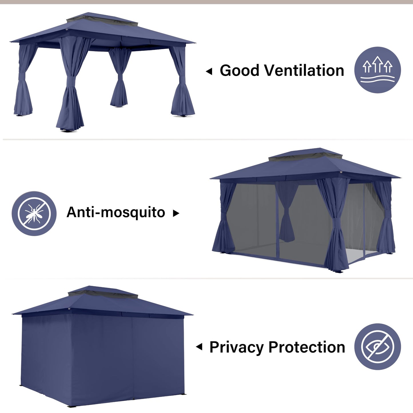 LAUSAINT HOME 10'x13' Outdoor Gazebo, Metal Frame Heavy Duty Patio Canopy Tent Shelter with Double Roofs, Mosquito Nettings and Privacy Screens for Backyard, Garden, Lawn, Navy Blue